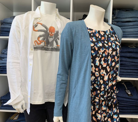 Deko Herren Shirt Dirty Velvet, Leinenhemd Knowledge Cotton, Chino Feuervogel, Damen Kleid greenbomb, Jacke HempAge