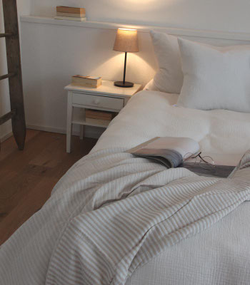 Musselin Bettwäsche Ecru mit Plaid in Streifen Sand