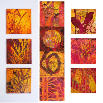 Monotypien, je 20 x 20 cm, mit Acrylfarbe handgedruckt, teils auf Platten kaschiert