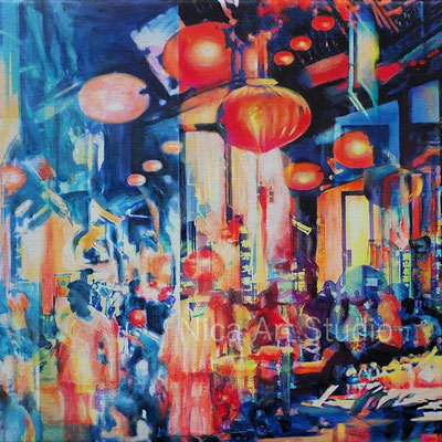 Illumination mit Laternen, 2020, 30 x 30 cm, Leinwanddruck mit Acrylmalerei