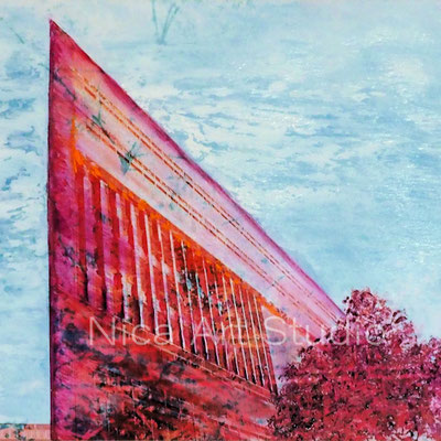 Deichtor-Center in pink, 2017, 20 x 20 cm, Fotografie mit Ölfarbe