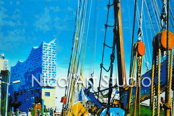 Elbphilharmonie & Boot, 2016, 30 x 20 cm, Fotografie mit Ölfarbe