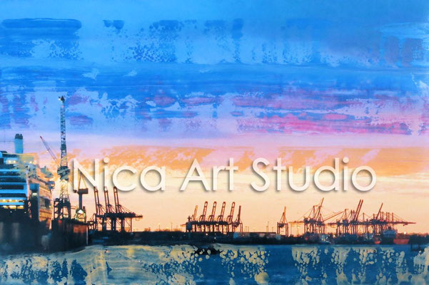Hafen am Abend, 2015, 30 x 20 cm, Fotografie mit Ölfarbe, in der Galerie KuRa
