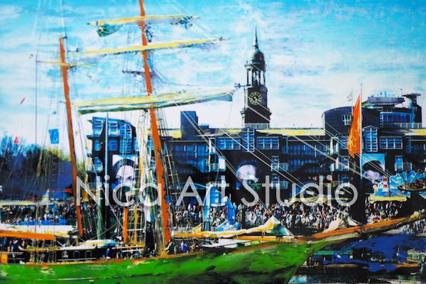 Landungsbrücken mit Rickmer Rickmers, 2016, 30 x 20 cm, Fotografie mit Ölfarbe