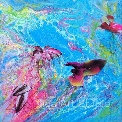 Farbtraum 1, 2018, 20 x 20 cm, Fluidpainting mit Collage und Acrylmalerei auf MDF Platte