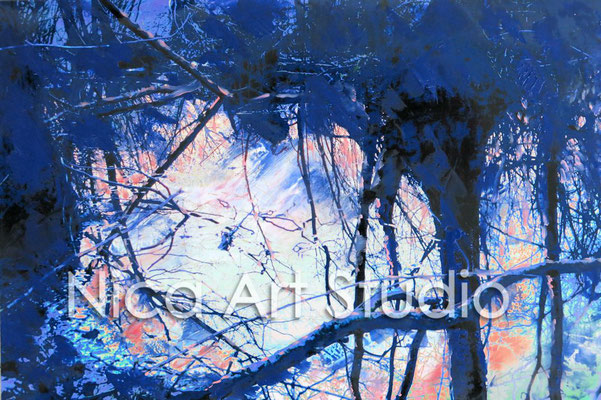 Blaue gespiegelte Zweige, 2015, 30 x 20 cm, Fotografie mit Ölfarbe