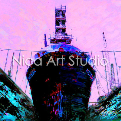 Schiff im Dock, 2015, 30 x 20 cm, Fotografie mit Ölfarbe, in der Galerie KuRa Hamburg