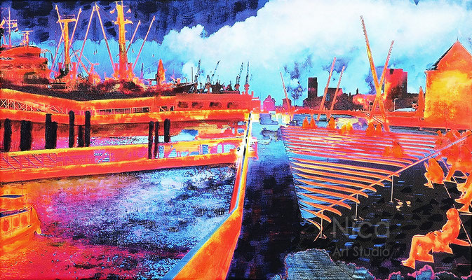 Hafenblick, 2021, 50 x 30 cm, Leinwanddruck mit Acryl- und Ölmalerei