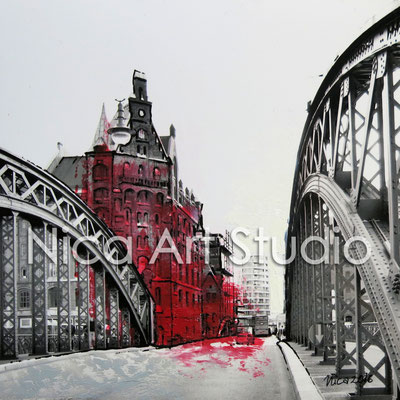 Brooksbrücke, 2016, 20 x 20 cm, Fotografie mit Ölfarbe, Stift