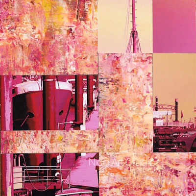 Pinke Hafen Collage Mini, 2020, 20 x 20 cm, Fotoarbeit und Ölmalerei auf MdF