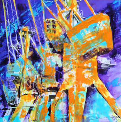 Hafenkräne, 2014, 30 x 30 cm, Druck auf Alu Dibond mit Ölfarbe