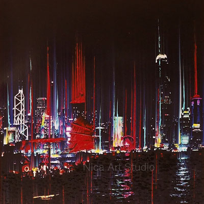 Hong Kong Hafen, 2022, 20 x 20 cm, Fotografie mit Ölfarbe