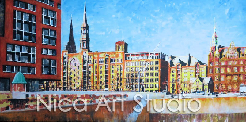 Speicherstadtfront, 2015, 80 x 40 cm, Print, Acrylfarbe auf Leinwand