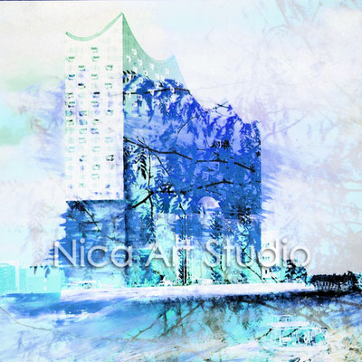 Elbphilharmonie mit Zweigen in blau, 2016, 1 : 1 Format, Print