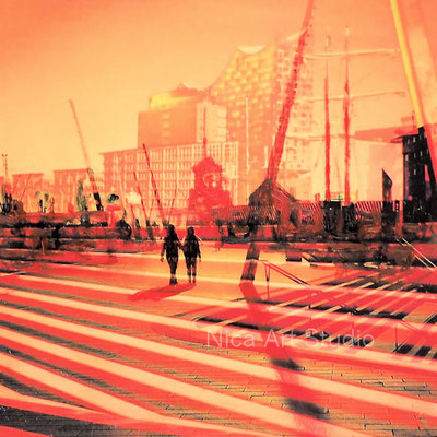 Elbpromenade, 2022, 20 x 20 cm, Fotografie mit Ölfarbe