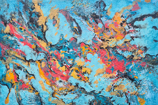 Blaue Abstraktion, 2026, 30 x 20 cm, Acrylmalerei auf MDF-Platte