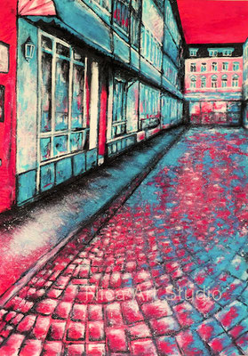 Gasse am Abend, 2021, 42 x 59,3 cm, Acrylmalerei auf Papier mit Pastellkreide, Galerie KuRa