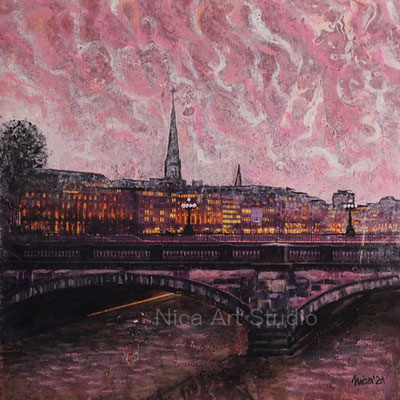 Die Lombardsbrücke, 2021, 20 x 20 cm, Fluid painting mit Collage, Acrylmalerei und Pastell Kreide, MDF
