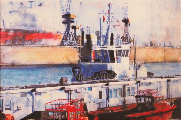 Hafenquai, 2023, 45x30 cm, Fotokunst LW + Acrylmalerei