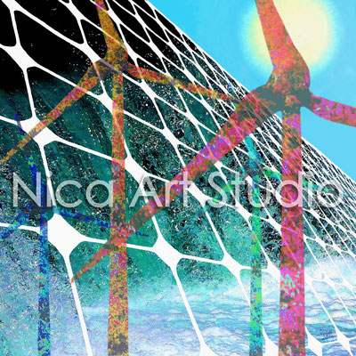 Renewable energies, 2014, 80 x 80 cm, digital print on alu with photos, drawing, acrylics