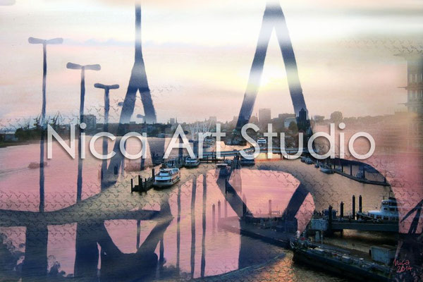 Köhlbrandbrücke, 2014, 60 x 40 cm, Print auf Alu Dibond seidenmatt (von Fotografie + Acrylmalerei + digitaler Zeichnung)