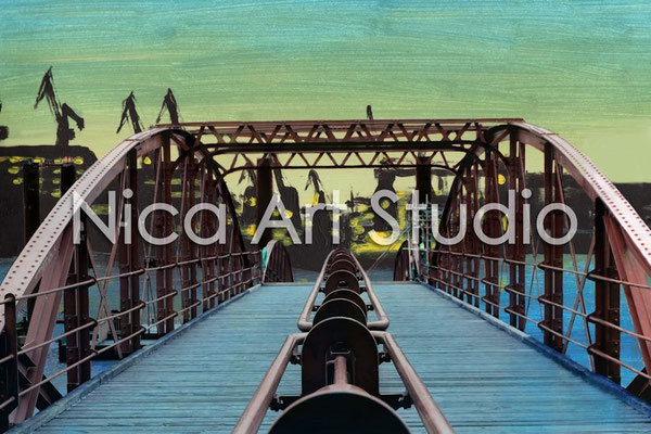 Hafen-Brücke, 2014, 3 : 2 Format, Print (von Fotobearbeitung + Hintergrund Acrylbild)