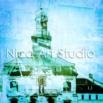 Lüneburger Rathaus blau, 2016, 20 x 20 cm, Druck auf Fotopapier