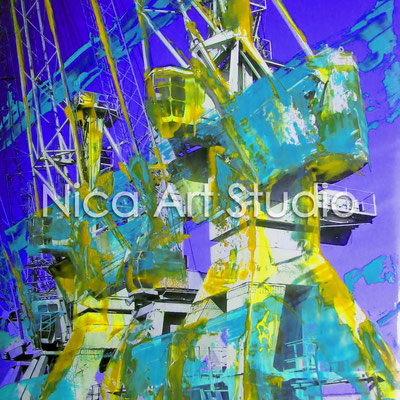 Hafenkräne, 2014, 30 x 30 cm, Druck auf Alu Dibond mit Ölfarbe