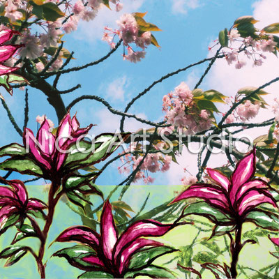 Magnolie & Kirsche, 2013, 50 x 50 cm, Print hinter Acryl-Glas (von Fotografie + Aquarell)