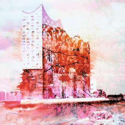  Elbphilharmonie mit Zweigen, 2016, 80 x 80 cm, Print auf Alu Dibond