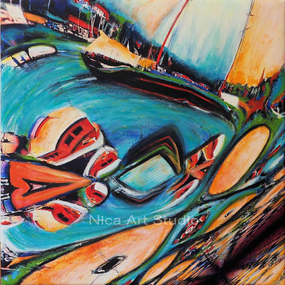 Distorted sailing boat, 2020, 50 x 50 cm, canvas print with acrylic painting