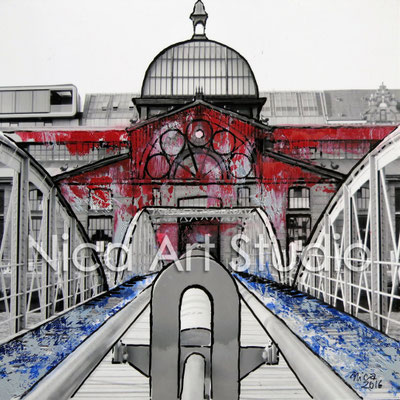 Fischauktionshalle, 2016, 20 x 20 cm, Fotografie mit Ölfarbe, Stift