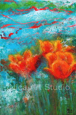 Tulpen, 2017, 20 x 30 cm, Fluidpainting mit Collage und Acrylmalerei auf MDF Platte