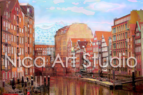 Nikolaifleet, 2015, 3 : 2 Format, Print (von Fotografie + hintere Haus/Brückenpartie gezeichnet)