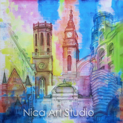 Hamburger Architektur, 2015, 90 x 90 cm, Print und Kreide auf Leinwand