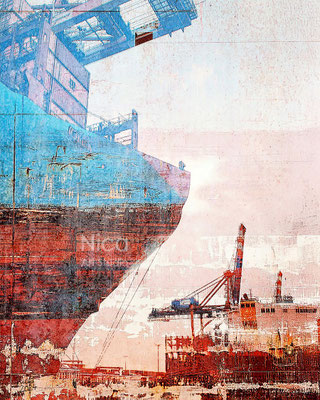 Schiff am Dock, 2024, 30 x 40 cm, Fotokunst auf Leinwand