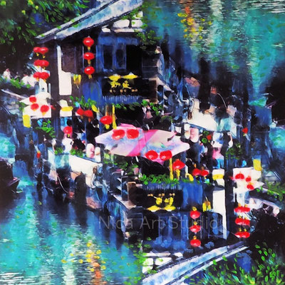Souzhou Wasserseite, 2022, 20 x 20 cm, Fotografie mit Ölfarbe
