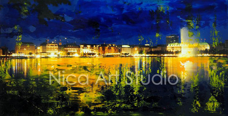 An der Alster abends, 2017, 30 x 15 cm, Fotografie mit Ölfarbe