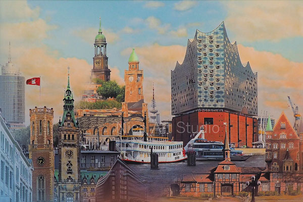 Hamburg Mix, 2022, 90 x 60 cm, Fotokunst aus 11 Foto-Layern, im Schattenfugenrahmen aus Holz