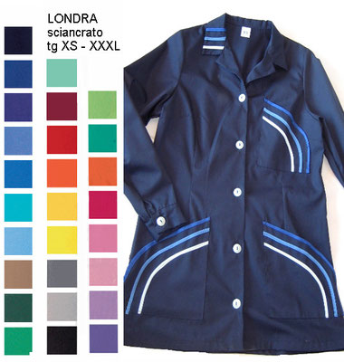 LONDRA casacca con bottoni, manica corta o lunga. Colletto a camicia. Vestibilità sciancrata. Colori e inserti a contrasto a Tua scelta