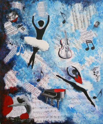 Musique et danse, collage et acrylique sur toile, (60x50)
