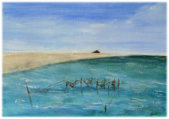 Désures sur la Sélune, Baie du Mt st Michel, acrylique sur papier, 22x19 