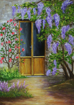 Porte fleurie, acrylique sur toile, (70x50)
