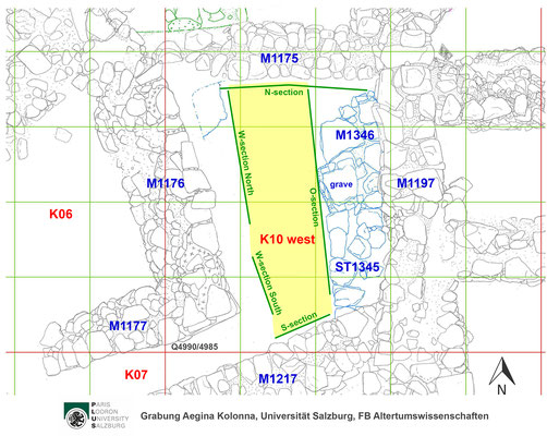 Steinplan des Areal K10 mit dem gelb markierten Grabungsareal 2022