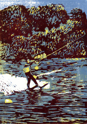 "Mich über Wasser halten - Selbstbild beim Wasserski", Linolschnitt 2014