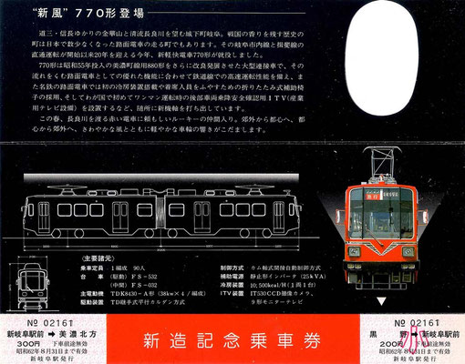 名鉄７７０形新造記念乗車券