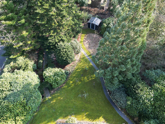  Ein Drohnenfoto über dem grünen  Garten von oben aufgenommen