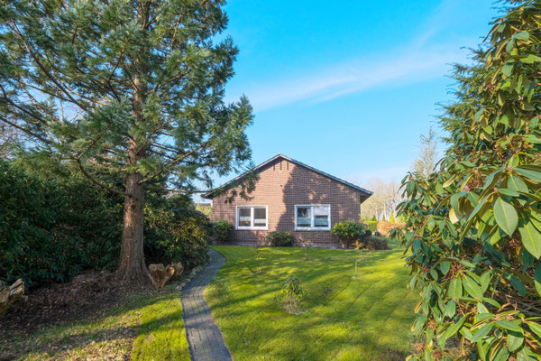 Bild zeigt Garten, Bäume und Haus im Hintergrund