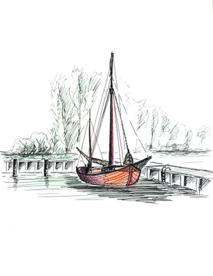Neuendorf, Saaler Bodden, Darß, 30 x 40 cm, Zeichnung Papier