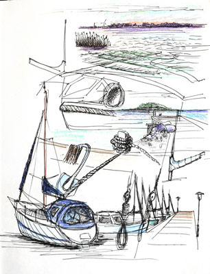 Hafenskizzen, Saaler Bodden, Darß, 30 x 40 cm, Zeichnung Papier